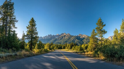 Obraz premium Scenic mountain road, summer sunrise, trees, Tetons. Travel, landscape, nature poster