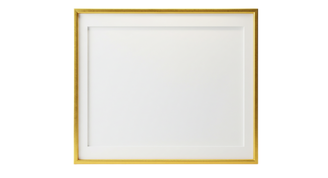 A framed blank white canvas with a gold border on a black background in a studio setting view