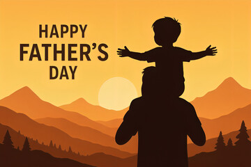 Happy Father's Day, Father and Son Silhouette at Sunset in Mountains.