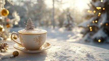 Fototapeta premium Festive winter hot beverage in snowy scene