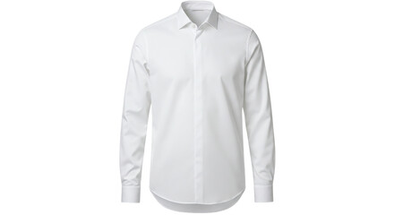 A neatly pressed white long sleeved dress shirt displayed against a dark background with a collar visible