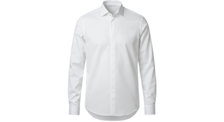 A neatly pressed white long sleeved dress shirt displayed against a dark background with a collar visible
