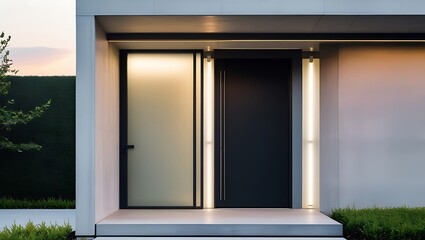 A contemporary main entrance featuring a sleek black metal frame with clean lines, frosted glass panels that allow for subtle natural light filtration, and understated minimalist lighting fixtures.