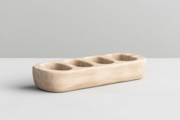 Light beige wooden tray with four compartments.  A simple, rectangular, shallow wooden tray with four recessed, oval-shaped compartments.  The wood has a smooth, natural finish