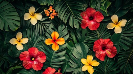 Vibrant tropical flowers and lush leaves create a beautiful floral pattern.