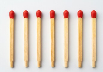 Seven matches aligned isolated on white background