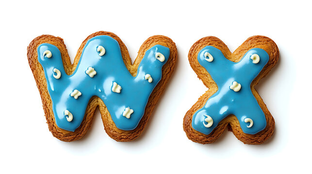 WX alphabet cookies decorated with blue icing and white dots isolated on white background.