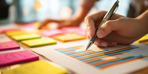 Close-up of hand writing on bar chart with colorful sticky notes, showcasing business planning, analysis, or project management concept