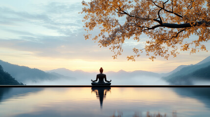 Fototapeta premium Serene Sunrise Meditation With Buddha Statues in Dhyana-Mudra Beneath Misty Bodhi Trees and Lotus Flowers