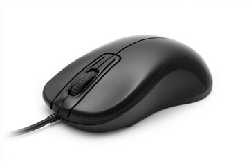 A sleek black computer mouse with cable detail isolated on white background