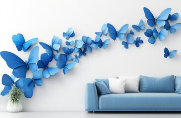 Abstract butterflies, blue sofa white background