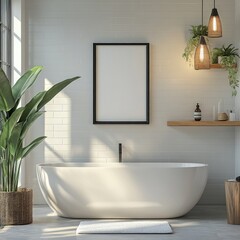 Black frame poster, white tub, wood.
