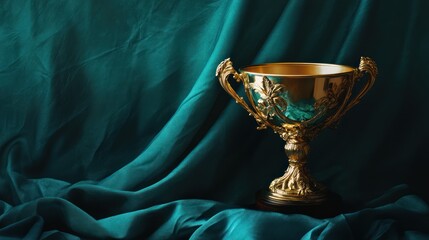 Golden trophy on teal fabric, victory concept