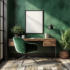 Black frame poster, green chair, wood desk.