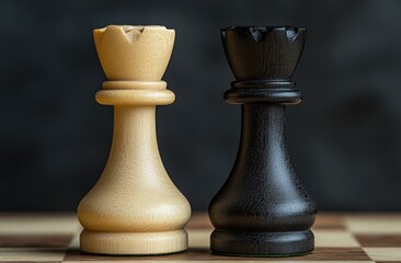 Fototapeta premium Contrast of Black and White Chess Queen Pieces on Chessboard with Blurred Backdrop and Selective Focus in a Studio Setting