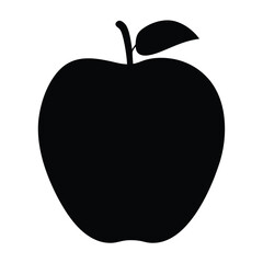 Simple black silhouette of an apple with a stem and leaf isolated