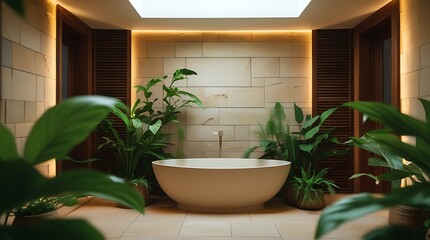 A luxurious spa-inspired bathroom photograph featuring a sleek freestanding tub placed centrally, surrounded by large format natural stone tiles in a warm beige tone.
