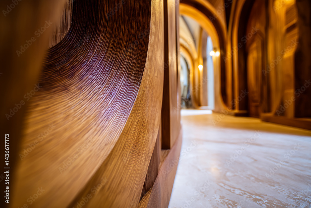 Poster Close-up of brown wood grain texture showcasing a curved wooden surface, creating a smooth and elegant appearance, representative of architecture and design