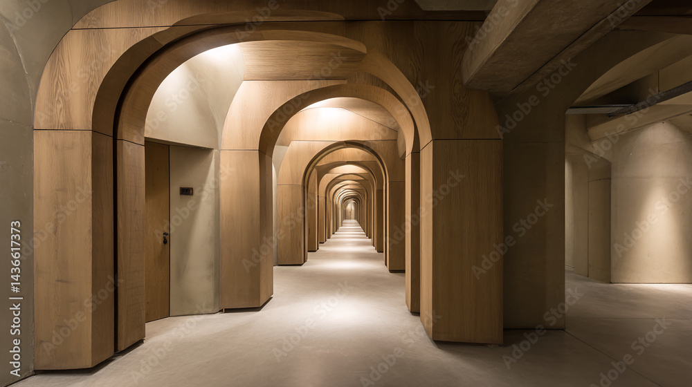 Poster long corridor with wooden arches and light beige walls, creating a perspective effect, showcasing ar