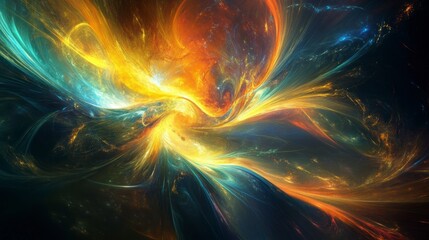 Fototapeta premium Abstract swirling cosmic nebula with vibrant orange, yellow, and blue hues.