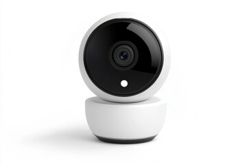 A modern surveillance camera with black lens cover isolated on white background