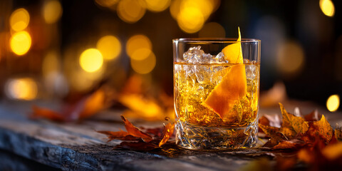 Amber liquid in a rocks glass with ice and orange peel, sits on a rustic wooden surface surrounded by autumn leaves, illuminated by warm bokeh lights, suggesting a cozy autumnal atmosphere
