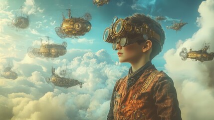 A young dreamer gazes at flying airships in a futuristic sky. Imagination soars as clouds drift by in a whimsical adventure.