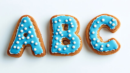 ABC alphabet cookies decorated with blue icing and white dots isolated on white background.