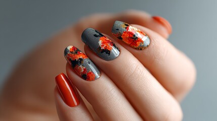 Close-up of Manicured Hand with Floral Acrylic Nails on Neutral Gray Background