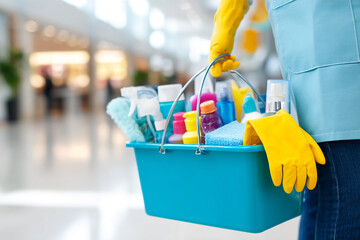 Cleaning supplies in a blue caddy, held by gloved hands, against a blurred shopping mall background.  Represents cleanliness, service, and commercial cleaning