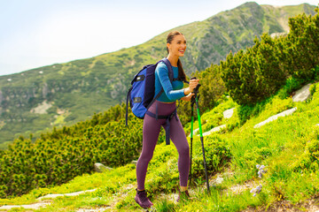 Active lady hiking up mountain hill with trekking canes, young woman enjoying picturesque scenery view, full length, free space
