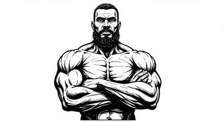 Obraz premium Illustration of a muscular man with crossed arms and a beard on a white background