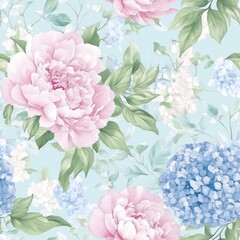 Elegant watercolor floral seamless pattern with peonies and hydrangeas