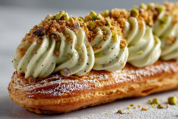 Pistachio eclair with whipped cream and chopped nuts