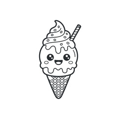 Black And White Ice Cream Cone Cartoon With Cute Face And Waffle Cone Design For Summer Treats And Coloring