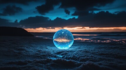 Glowing Crystal Sphere on the Beach at Sunset with Dark Clouds and Ocean Waves