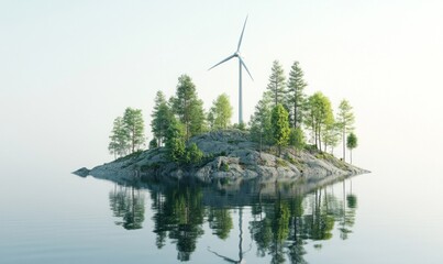 Wind turbine, green trees, island, grey.