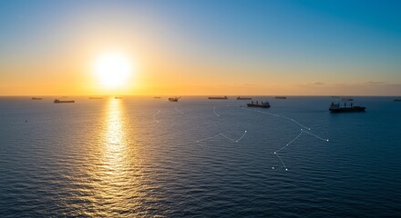 Obraz premium Cargo Ships Sailing on Ocean at Sunset Maritime Transport