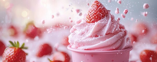 National ice cream day with strawberry sweet idea. Delicious strawberry soft serve ice cream in a pink cup with splashes.