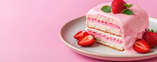 National ice cream day with strawberry sweet idea. Delicious pink cake topped with melted strawberries ice cream on a plate.