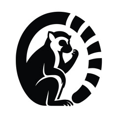 Stylized Lemur Silhouette in Circular Design Lemur Silhouette Circle Design, Lemur in Circle Black and White Silhouette,