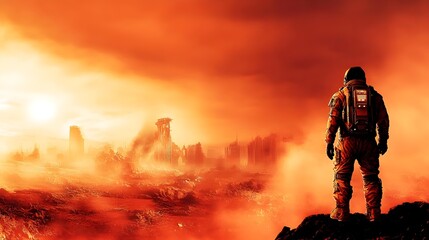 Sci-Fi Character Standing on Edge of a Dystopian Landscape