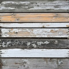 Fototapeta premium Top view of old rustic wooden planks with weathered texture, cracks, grain detail, faded paint remnants, vintage countryside feel, aged and realistic look, high detail