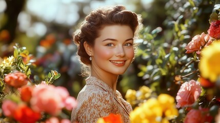 A smiling woman surrounded by colorful flowers in a vibrant garden. Nature and beauty come together in this joyful scene.