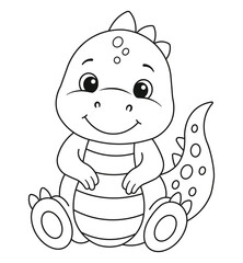Cute little dinosaur for kid coloring book. Children puzzle game. Baby tyrannosaurus. Black and white cartoon vector illustration on white background.