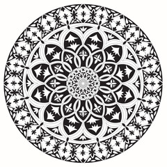 An ornate mandala with alternating leaf patterns and paisley motifs, designed in a radial symmetrical layout. The flat illustration style showcases detailed linework and intricate decorative elements,