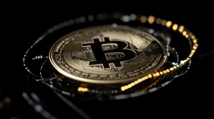 Golden Bitcoin digital asset, close-up view, with digital effects