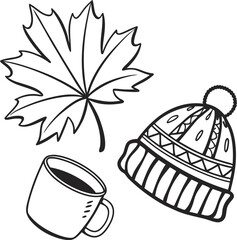 Cozy Autumn Illustration with Leaf, Coffee, and Knitted Hat in Black and White