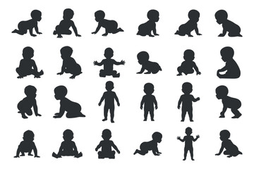 Diverse Baby Silhouette Set Showing Crawling Sitting And Standing On White Background Ideal For Design Projects