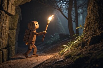 Obraz premium Wooden figure with torch exploring in the dark - generated by ai